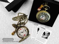 "Alice In Wonder Time Pocket Watch \"If you knew Time as well as I do,' said the Hatter, 'you wouldn't talk about wasting it. It's a him.' 'I don't know what you mean,' said Alice. 'Of course you don't!' the Hatter said, tossing his head contemptuously. 'I dare say you never even spoke to Time! ''Perhaps not,' Alice cautiously replied\" - Wonderland excerpt  This Wonderland antique bronze (full size - working) Pocket Watch is set with an Alice in Wonderland theme and made exclusively for Wonderi White Rabbit Pocket Watch, Alice In Wonderland Pocket Watch, Wonderland Design, Watch Cartoon, Alice In Wonderland Alice, The Hatter, Wonderland Alice, White Rabbits, Alice In Wonderland Theme