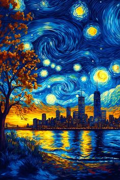 a painting of a city at night with the stars in the sky and trees on the water