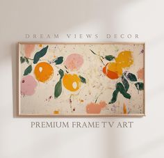 a painting hanging on the wall with words below it that reads, dream views decor