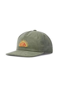 Made with the same high quality and durability as our surf trunks, the Katin headwear collection offers both style and comfort with every wear. The Rise Hat is made from cotton corduroy featuring custom "Easy Does It" embroidery. Cotton corduroy Custom Katin embroidery Snapback closure 5 panel unstructured | Rise Hat Cotton in Thyme | Casual Surf Clothing by Katin