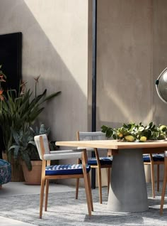 an outdoor dining table with blue chairs and green plants on the outside wall behind it