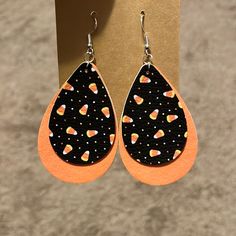 Brand New Customized/Handmade Faux Leather Earrings- Perfect For The Halloween Season!! Super Cute And Light Weight- 2.5 Inches Long- Colors Are Orange On Bottom Layer With Candy Corn Themed Faux Leather On Top Layer Hypoallergenic Earring Hooks: These Fish Earring Hooks Are Made Of 925 Silver-Plated Copper, Earring Backs Are Made Of Clear Silicone. Questions? Just Ask! Fake Leather Earrings, Fall Earrings Diy, Faux Leather Earring Ideas, Cheap Trendy Faux Leather Earrings, Earring Designs, Leather Halloween Earrings, Cricut Earrings, Faux Leather Earrings, Fall Faux Leather Earrings