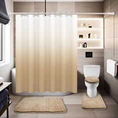 a white toilet sitting next to a bath tub in a bathroom under a shower curtain