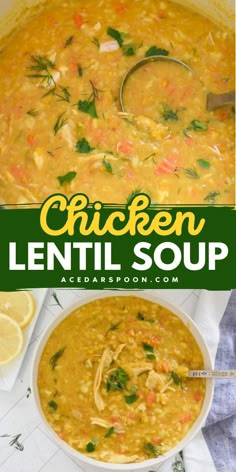 chicken lentil soup in a white bowl with lemons and parsley on the side