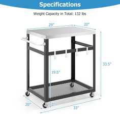 an image of a kitchen cart with wheels and measurements for the top shelf, side by side