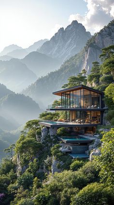 A stunning dream house nestled in the lush mountains, featuring floor-to-ceiling glass walls and an infinity pool. Shot with a Canon EOS R5 and RF 35mm f/1.8 lens, in soft morning light. House Design, Design