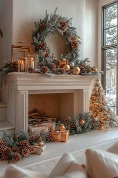 a mantel decorated with pine cones, candles and christmas wreaths in front of a window