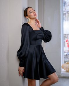 Fabric: High-quality satin Viscose 35%, Polyester 35%, Cotton 20% Nylon 10% Mini length Long sleeve Dress length 85cm/ 33,4in Sleeves length 68cm/ 26,7in Skirt length 45cm/ 17,7in Black Long Sleeve Mini Dress, Satin Long Sleeve, Dress Satin, Chinese Traditional, Long Sleeve Mini, Long Sleeve Mini Dress, Leather Fabric, Black Friday Sale, Winter Sale