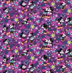 mickey and minnie mouse wallpaper with purple flowers on the bottom, and blue background