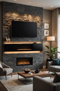 modern living room with stone fireplace and flat screen tv mounted on the wall above it