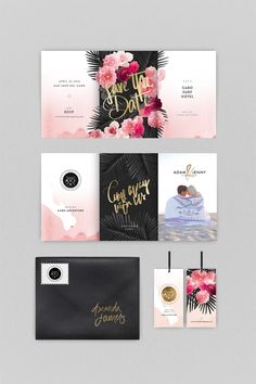 the wedding stationery is designed with pink flowers and gold foil lettering on black envelopes