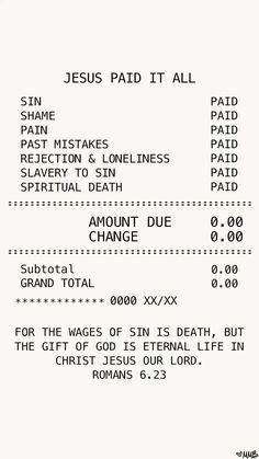 the receipt for jesus paid it all, with numbers and times to be printed out