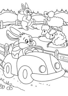 a cartoon bunny driving a car with sheep in the background coloring pages for kids and adults