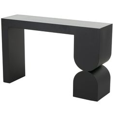 a black console table with an oval shaped design on the top and bottom, against a white background