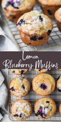 lemon blueberry muffins cooling on a wire rack with the words lemon blueberry muffins above them