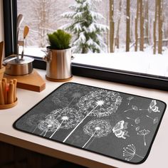 a black and white photo of dandelions in front of a window with snow on the ground