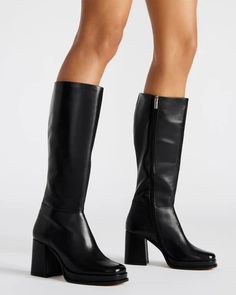 MYSTERY Black Leather Block Heel Platform Boot | Women's Boots – Steve Madden Steve Madden Black Boots, Heels Boots Outfit, Platform Boots Women, Candle Pedestal, Aria Montgomery, Boots Square Toe, Steve Madden Boots, Black Knee High Boots, Platform Block Heels