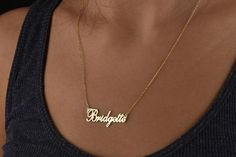 This personalized name necklace is 14k Solid GOLD ( not filled or plated).  Personalized solid gold necklace in 14k Gold, Rose Gold, White Gold.  You can customize this 14k solid gold necklace with a name/ word of your choice. #personalizednecklace #VivaRing #14kgoldnecklace #personalizedchoker #customnecklace #PersonalizedJewelry #personalizedgift #namenecklace #initialnecklace  #lovegifts #personalizedpendant #birthdaygiftromantic #romanticgifts #giftsforbestfriend Custom Gold Necklace, Personalized Gold Necklace, Birthday Necklace Gift, Fashion Accessories Trends, Necklace With Diamonds, Good Luck Necklace, Name Necklace Gold, Evil Eye Necklace Gold, Bags Style