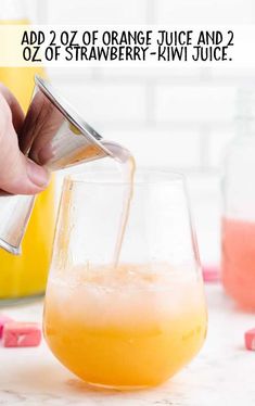 pink starburst cocktail process shot of orange juice and strawberry-kiwi juice being poured into a glass Fruity Candy