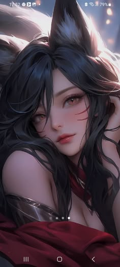 an anime character with long black hair laying on a bed in front of the camera