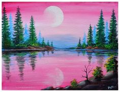 an acrylic painting of a lake with trees in the foreground and a full moon above it