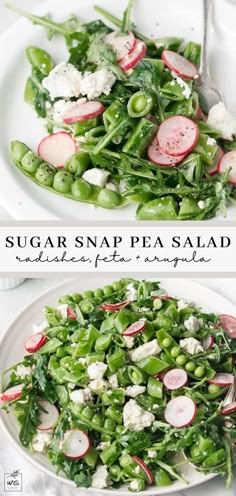 a salad with radishes, peas and cheese is shown in two separate images