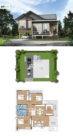 two story house plan with garage and living room in the middle, an open floor plan is