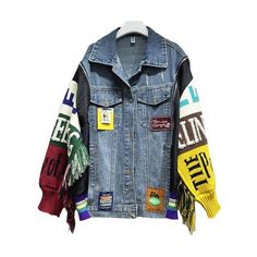 Experience a bold and trendy look with our Loose Fringed Embroidered Patchwork Denim Jacket! This jacket features a loose fit for comfort and boho-inspired fringed and embroidered details for a unique touch. - Color: Blue- Style: Jacket- Pattern: Alphanumeric Text- Sleeve Length: Long Sleeve- Fabric: Denim, Cotton- Closure Type: Button- Details: Fringe, Embroidery- Occasion: Casual, Outdoor- Gender: Women- Size: One Size Length: 68cm Streetwear Cardigan, Fringe Embroidery, Patchwork Denim Jacket, Embroidery Denim, Jacket Streetwear, Patchwork Denim, Jeans Y2k, Jeans Jacket, Embroidered Details