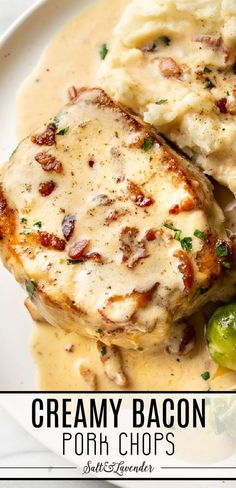 creamy bacon pork chops with mashed potatoes and brussel sprouts