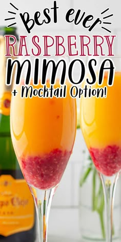 the best ever raspberry mimosa cocktail recipe is in two wine glasses