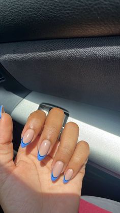 Vacation inspo Summer Nails Blue Tips, Blue French Tip Almond Acrylic Nails, Blue Tips Almond Nails, Blue Outlined French Tip Nails, Blue Fresh Tip Nails, Girly French Nails, Different Blue French Tip Nails, Summer Nails Blue French Tips, Light Blue And Dark Blue French Tips