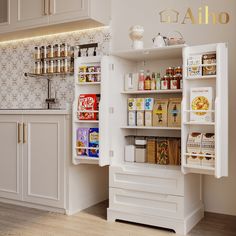 an open refrigerator in the middle of a kitchen with lots of food on it's shelves