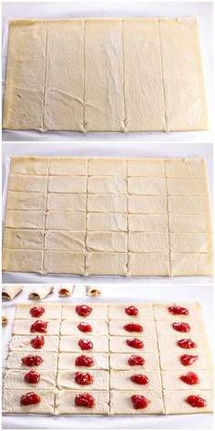 four different stages of making pizza dough with ketchup toppings on top and bottom