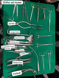 an assortment of surgical instruments are displayed on a green board with words describing the different types of utensils