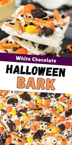 white chocolate halloween bark is stacked on top of each other