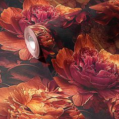 an orange and red floral wallpaper with large flowers on the side, in front of a black background