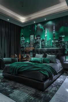 a bedroom with a large green city skyline wallpapered on the walls and ceiling