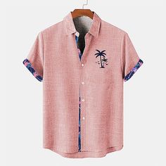 Category:Shirt; Season:Summer; Fabric:18.6% Linen Fabric  18.2% Regenerated Fibre; Sleeve Length:Short Sleeves; Look After Me:Machine wash,Washable; Gender:Men's; Style:Casual,Hawaiian; Elasticity:Inelastic; Tops Type:Shirt,Summer Hawaiian Shirt,Linen Shirt,Beach Shirt; Occasion:Daily Wear,Holiday,Vacation; Pattern:Palm Tree,Coconut Tree; Neckline:Turndown; Listing Date:07/03/2024; Bust:null; Length:null; Shoulder Width:null; Fit US Size:null; Fit UK Size:null; Fit EU Size:null; Sleeve Length:nu Solid Camp Shirt For Summer Vacation, Summer Khaki Shirt, Summer Short Sleeve Outdoor Shirt, Outdoor Summer Shirt With Short Sleeves, Summer Outdoor Short Sleeve Shirt, Casual Pink Shirt For Summer, Short Sleeve Camp Shirt For Summer Outdoor, Khaki Cotton Camp Shirt For Summer, Khaki Relaxed Fit Top For Vacation