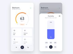 two app screens showing the temperature, humidity and bedromm options for each room