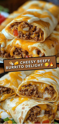 three burritos stacked on top of each other with cheese and meat in them