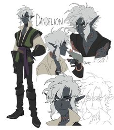 the concept art for dandelion's character sheet, which includes different poses and hair