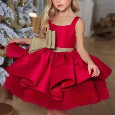 DreamyVow Red Christmas Satin Girl Dress Knee Length with Bow Square C Crinoline Skirt, Dresses For Women Over 50, Bow Wedding Dress, Dresses Dinner Party, Garden Party Dresses, Red Sleeveless Dress, Dresses Dinner, Christmas Dresses, Gown Pattern