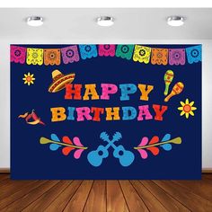 an image of a happy birthday banner on a wall in a room with wood floors