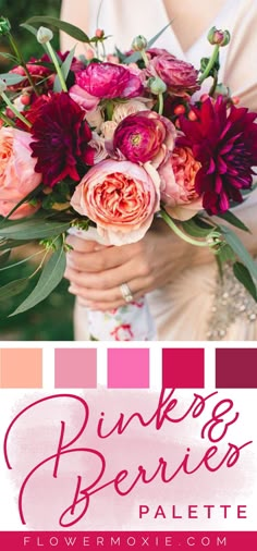 a woman holding a bouquet of flowers with the words pink beryls on it