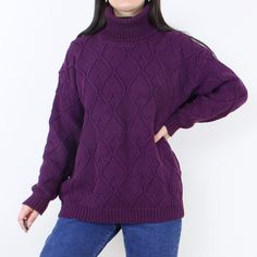 Item Description  This is a super cute dark eggplant purple heavy cotton knit sweater with an oversized turtleneck style neckline. I love how high the turtleneck comes up, it is such a cozy fit! This has a bit of a longline fit, it would be so so cute with leggings and boots in the fall/winter! I love the unique diamond/argyle knit style. This sweater is in great vintage condition!  Item Specifics  Brand - Jeanne Pierre Material - 100% Cotton Color - Purple Measurements  Shoulder to Hem - 25 in. Casual Purple Turtleneck Sweater, Purple Chunky Knit Long Sleeve Sweater, Purple Textured Knit Sweater For Fall, Purple Knit Turtleneck Sweater, Purple Chunky Knit Sweater For Winter, Winter Purple Chunky Knit Sweater, Purple Turtleneck Winter Sweater, Purple Turtleneck Sweater For Winter, Vintage Purple Sweater For Winter