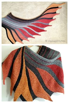 two pictures of different colored knitted shawls on a white background and an orange, red, black, grey and yellow striped shawl