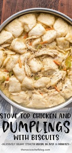 stove top chicken and dumplings with biscuits in a pan on a wooden table