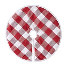 a red and white checkered table cloth with a spoon in the center on a white background