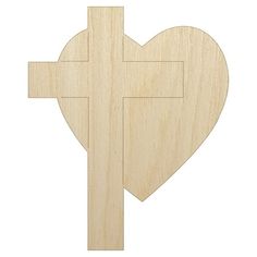 a wooden cross with a heart on the front and back side, cut out from wood