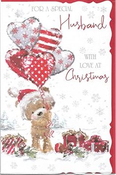 a christmas card with a teddy bear holding heart shaped balloons in it's mouth